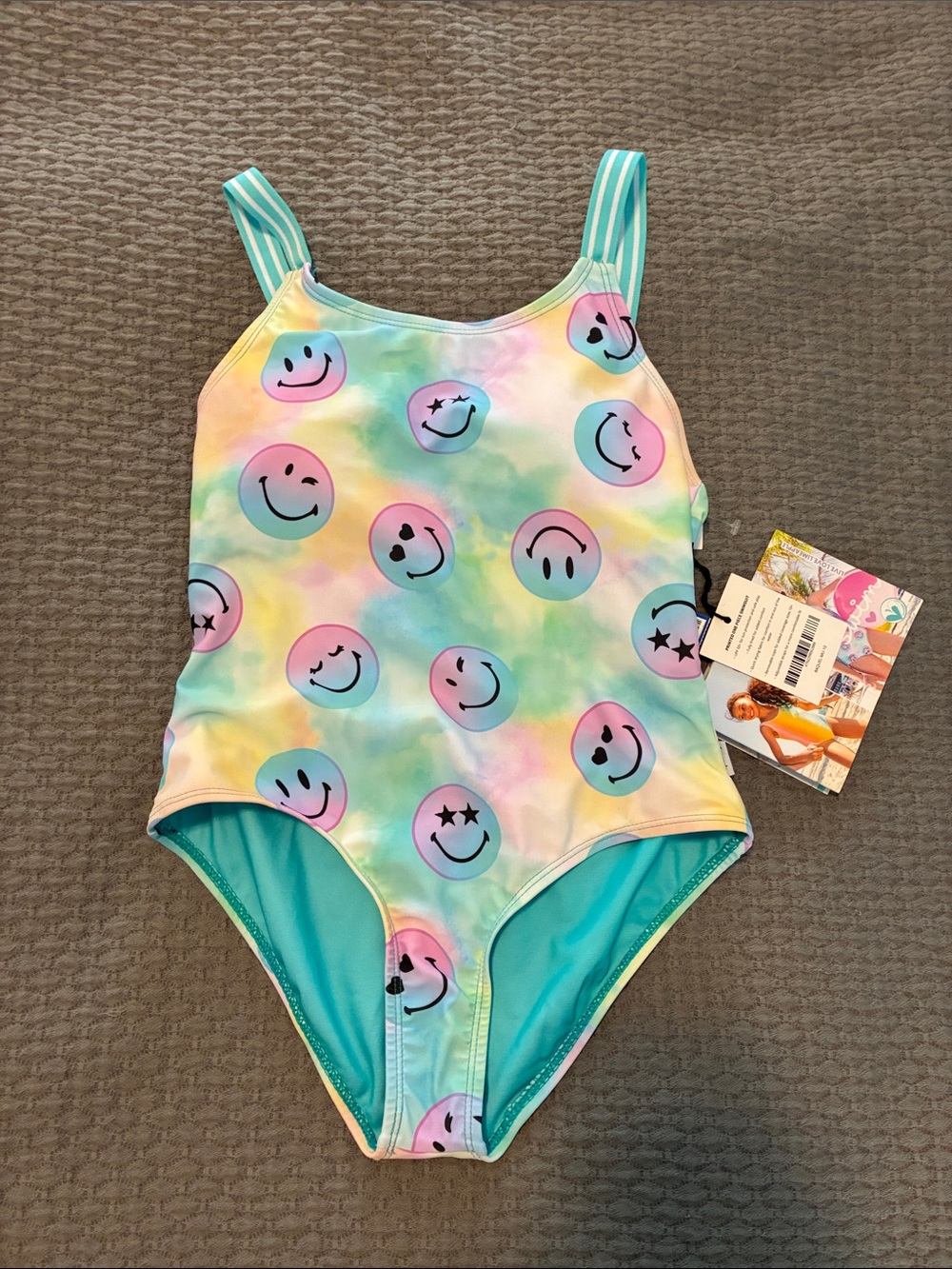 NWT Limeapple Pastel Tie-Dye Smiley Kids One-Piece Swimsuit - Turquoise Straps